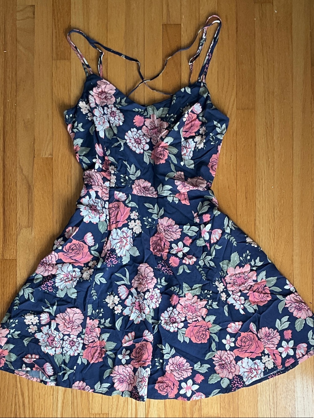 Garage Navy Floral Mini Dress with Pink and Green Blooms